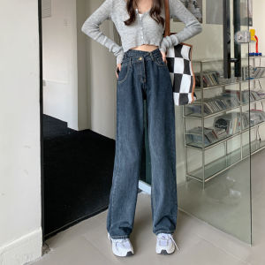 กางเกงยีนส์พลัสไซส์เอวสูงสําหรับผู้หญิงที่มีขากว้างและรายละเอียดกระดุม เหมาะสําหรับฤดูใบไม้ร่วงและฤดูหนาว