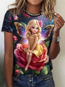 Womens Tee - Golden Fairy on Rose Graphic Enchanted Floral Sprite Design for Casual Daily Wear