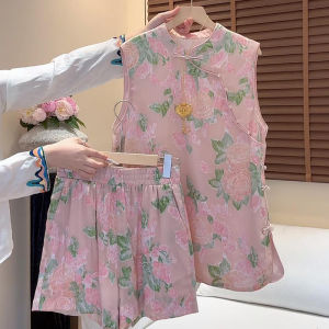 Shalldoer | New Chinese Style Heavy Embroidery Set Ladies Summer Floral Button Stand Collar Vest Shorts Two Piece Set Traditional Fashion