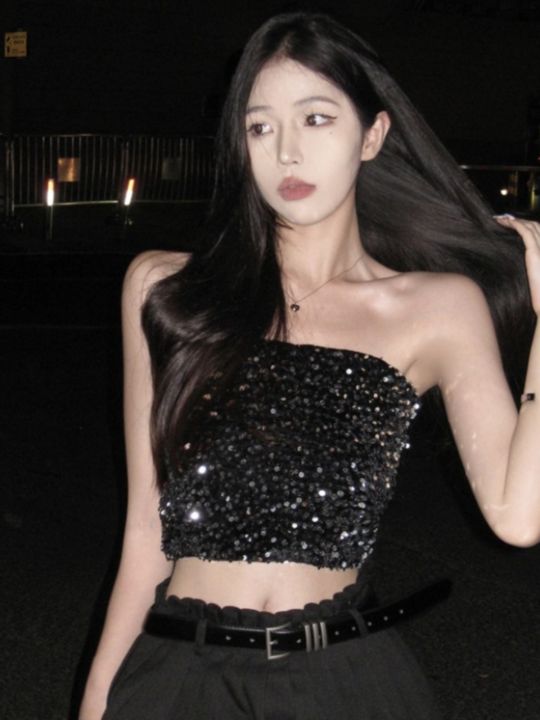 Áo Cúp Ngực Mẫu Ngắn Kim Sa Lấp Lánh Màu Đen Hot Girl Gợi Cảm Áo Ba Lỗ ...