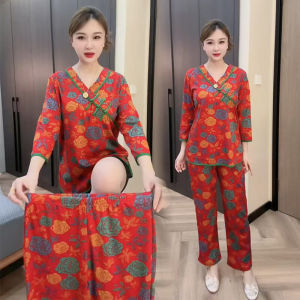 Winter Comfortable Sleepwear Chinese Style Print Home Clothes Set with Button Long Pants Can Be Worn outside plus Size
