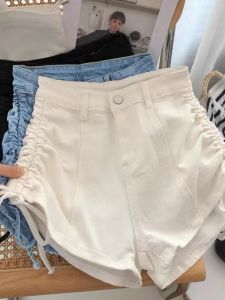 Quần Short Denim Co Giãn Cạp Cao Cho Bé Gái Mùa Hè Có Dây Rút Hai Bên Quần Short Denim Trẻ Em Màu Trơn Phong Cách Hàn Quốc