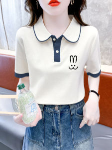 Polo Collar Pure Cotton Womens T-Shirt Summer Fashion Versatile Short Sleeve Age-Defying Regular Fit Printed Casual Top