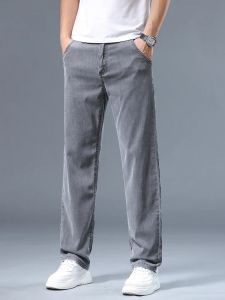 Summer Lyocell Ultra-thin Jeans Men Breathable Elastic Casual Trousers Man Business Baggy Straight Denim Pants Plus Size 40 42