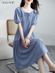 Elegant Silk Dress Womens Sweet Youthful Bubble Sleeve  Silk Waist Cinching Slimming Summer Midi Dress Pure Color