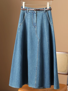 100 ผ้าฝ้าย ผ้ายีนส์ ทรงเอ กระโปรงยาวปานกลาง ผู้หญิง ฤดูใบไม้ผลิ ฤดูร้อน สไตล์ใหม่เอวสูง เรียบง่าย ดีไซน์ ไม่มี ซับใน ผ้าฝ้าย ตกแต่งกระโปรง