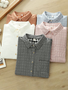 Womens Plaid Long Sleeve Cotton Shirt Double Layer Soft Skin-friendly Breathable Pure Cotton Base Top Comfortable Commute Style