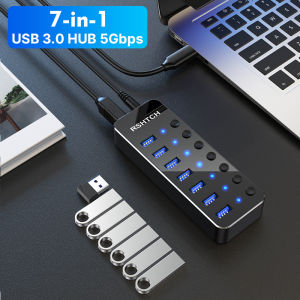 RSHTECH USB 3.0 Hub 5Gbps SuperSpeed 7-Port Multiple Data Transfer Splitter with Individual LED On/Off Switches and Power Supply