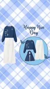 One Set Korean Style ( Sweater Crop Blue Wanita + Celana Kulot Cringkle + Kerudung Segi Empat Anti Kusut) Setelan Kekinian - KA010