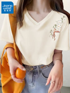 Jeanswest Pure Cotton V-Neck Short Sleeve T-Shirt Womens Casual Summer Top Street Style Printed Creative Cartoon Pattern