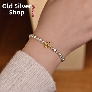 WU YUE JEWELRY | New Style 999 Sterling Silver Ancient Gold Silver Mixed Beaded Bracelet