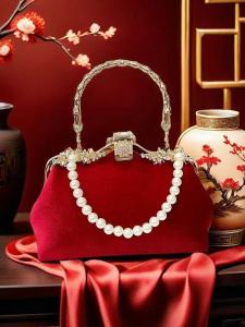 กระเป๋าผ้าไหมสีแดงสไตล์จีนใหม่ กระเป๋าสะพายไหล่สำหรับงานแต่งงาน กระเป๋าสะพายไหล่แบบมีสายรัด กระเป๋าถือขนาดใหญ่สำหรับคุณแม่