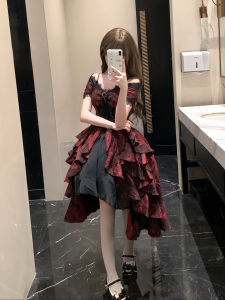 Gothic Lolita Halloween Costume Black And Red Wave Pattern Puffy Princess Dress One Shoulder Taffeta Skirt for Women