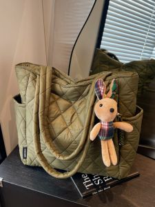 Tote Bag Womens Canvas Shoulder Bag Commuter Large Capacity Casual Versatile Handbag Diamond Grid Design Autumn Winter New Style