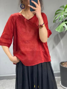 Artistic Vintage Embroidered Cotton Linen Shirt Women Loose Slimming Buttoned Side Slit Linen Top Summer New Style for Mom