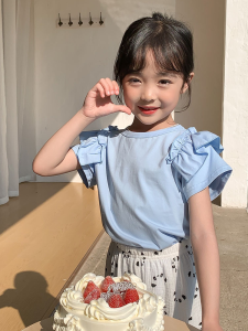 Sweet Princess Flounced Sleeve T-Shirt Childrens Summer Clothing Girl Tops Thin Fashionable Pure Cotton Short Sleeved T-shirt Kids Baby T-shirt