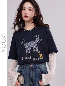 YOUXIANG | Áo Thun Dài Tay Màu Xanh Đậm Kiểu Nhiều Lớp Có Thêu Mèo Dành Cho Phụ Nữ Mùa Thu Sớm