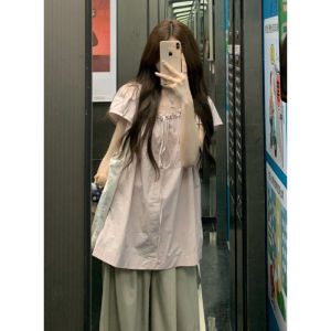 YUEZHONGWEI | French Sweet Bow Tie Pink Short Sleeve Shirt Women Summer Design Sensation Niche Shirt Mid Length Small Flying Sleeve Top