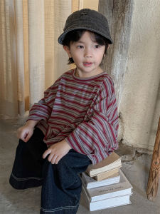 Loose Long Sleeve round Neck Red Stripe T-Shirt for Boys Autumn Wear Comfortable Cotton Polyester Blend Base Layer Top