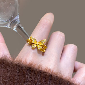 Gold Micro-Set Five-Petal Flower Open Ring Womens Unique Design 2025 New Trend Luxury Sensation Finger Ring Jewelry