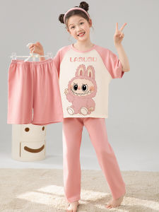 Girls Cotton Pajamas Cute Cartoon Summer Short Sleeve Long Pants Three-piece Set Air Conditioned Home Clothes Childrens Wear