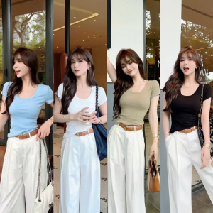 Kaka Womens Clothing Official Flagship Store Basic Ceiling U-Neck Knitting T-shirt Silm Easiest for Match K-style Tops