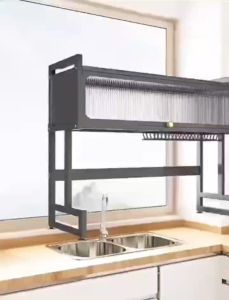 Dish Cabinet Rack With Cover Over-The-Sink Drainer Kitchen Organizer Plate Drying Rack Dustproof Multi-functional Plate Utensil Storage