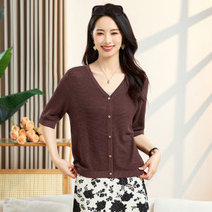 Pure  Silk V-Neck T-Shirt Womens Short Sleeve Knitted Sweater Summer New Arrival True Silk Top for Ladies