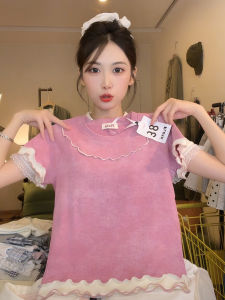 Retro American High Street Tie Dye Shoulder Insert Short Sleeve Womens Patchwork Color Block Wood Grain Edge Sleeve Mouth T-Shirt Slim Fit Short Style