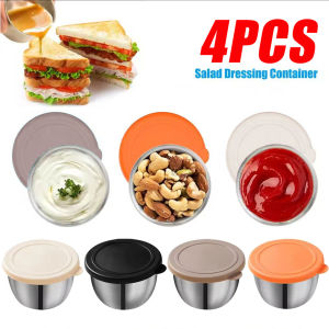 YESPERY 4Pcs Salad Dressing Container Set 75ml Portable 304 Stainless Steel Small Seasoning Dish with Silicone Lid Leakproof Sauce Dipping Cup