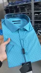 OWEN SALE - Áo Sơ Mi Owen Tay Ngắn Màu Xanh Ngọc  Họa Tiết Hoa Văn Form Regular Fit Lai Ngang Chính Hãng