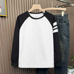 Autumn Winter Trendy Patchwork Stripe round Neck Pure Cotton Sweatshirt Men Versatile Slim Fit Base Shirt Hoodie Casual Top