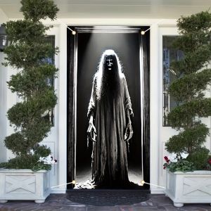 VIKAMA Halloween Dark Ghost Door Cover Tapestry Black Robe Ghost Shadow Long Hair Entryway Secret Room Decoration