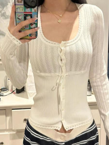 Áo Len Dệt Kim Tay Dài Hở Lưng Thời Trang Mùa Xuân 2025 Áo Lót Bên Trong Gợi Cảm Cạp Cao Có Nơ Áo Chui Đầu Cổ Tròn Màu Trơn