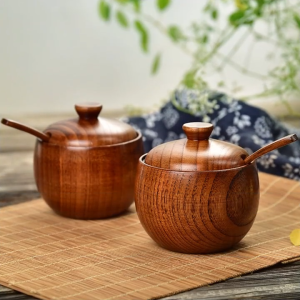 【LocaL Shipping】Vogvigo Natural Wooden Salt Cellar Box Spice Jar Sugar Bowl Pepper Box Salt Seasoning Container Storage Box with Lid and Spoon Kitchen Tool Salt Holder Keeper