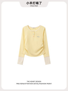 Womens Long Sleeve T-Shirt Embroidered Waist-Cinching Slim Fit Design Casual Style Cotton Blend Base Layer Top