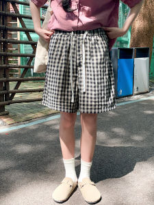 กางเกงขาสั้นทรงหลวมเอวสูงสไตล์ย้อนยุคสำหรับผู้หญิงในฤดูร้อน กางเกงขายาวห้าส่วนแบบบางลายสก็อตขนาดเล็ก กางเกงขายาวลำลองสำหรับใส่ไปทำงาน