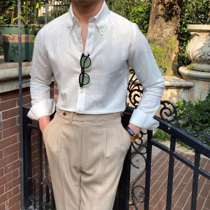 Mr. Lusan Men Cotton and Linen Casual Pure Color Long Sleeves Shirt K-style Business British Style All-Matching Slim Fit Shirt Trendy Men