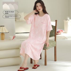 Herbal Cotton Sleepwear with Padding Thin Short Sleeve Home Dress