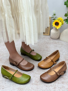 Handmade Full Cowhide Low Heel Mary Janes Soft Bottom Flat Shoes Retro Casual round Toe Womens Fashion Single Shoes Spring Summer