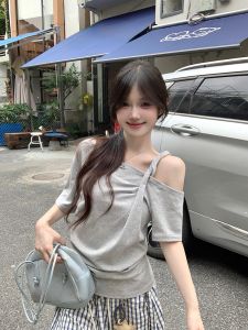 GUZILIAN | Gray Striped Asymmetrical Shoulder Short Sleeve T-Shirt Womens Summer Loose Fit Slimming Top Korean Style Casual Knitted