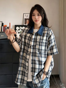 LIUBU | American Retro Checkered Denim Stitched Short Sleeve Summer Shirt