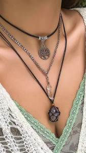 Ingemark 3Pcs/Set Vintage Crystal Stone Pendant Necklaces Women Fashion Sliver Color Metal Tree  Chokers Neck Chain New Jewelry