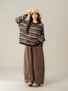 SHANGWEILUO | Áo Sweater Vintage Sọc Dây Lỏng Lẻo Mùa Xuân Mới