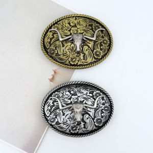 1PC Retro Carved Oval Large Plate Buckle Baseboard Long-horned Bull Head Pattern Casual Versatile Belt Accessory