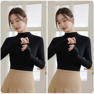 MiiOW | Black Long Sleeve Base Shirt Womens Autumn Winter Inner Spring Style Velvet Warm Fashionable Slim Fit Top Cat Person MiiOW