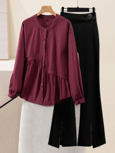 Fashionable Ladies Autumn Outfit Two-Piece Set Cover Belly Shirt Long Sleeve Cotton Button-Up Elegant Style Mommy Wear