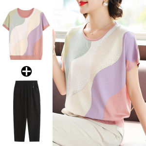 New 2025 Ice Silk Short Sleeve T-Shirt Set for Mom Summer Fashionable Middle-Aged Womens Loose Fit Diamond Embellished Nine-Piece Pants