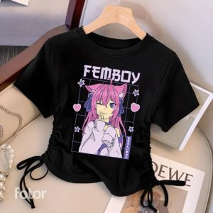Atasan Anak Perempuan Serut Crop Karakter Anime Femboy Berkualitas Premium