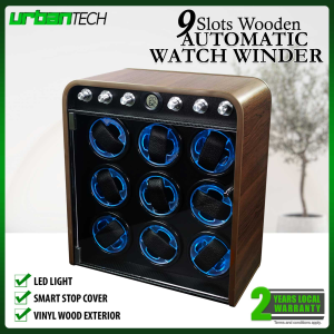 UrbanTech Silent 9-Slot Wooden Watch Winder with Anti-Magnetic Function and LED Lighting